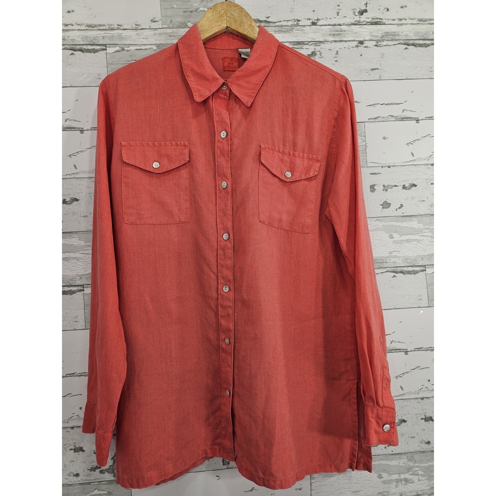 Lino by Chicos Womens 1 Medium 100% Linen Button Front Shirt Burnt Orange